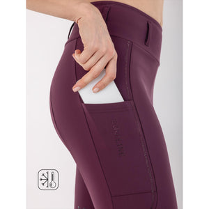 Detailansicht der Equiline Winterreitleggings Geggifh Fullgrip Winter 2025 / 2026 mit Handytasche und Thermosymbol in Bordeaux.