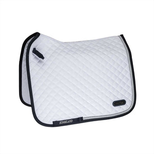 Kingsland Schabracke KLCameo in Weiß aus der Sommer Kollektion mit kontrastfarbener Einfassung und drei Kordeln. Formfeste, hautfreundliche Sattelunterlage für Pferde.