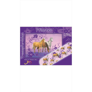 Postkarte Pferdefreunde mit Pflasterstripes im Pferdemotiv-Design, 10 farbige Pflaster für Kinder, hypoallergen und latexfrei verpackt.