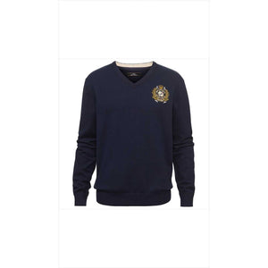 HV Polo Pullover Herren - Zweifarbiger Komfort mit V-Ausschnitt in Dunkelblau, Logo-Stickerei auf der Brust, ideal für stilvolle Reitmode.