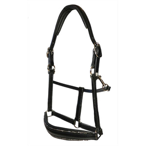 Otto Schumacher Stallhalfter - Handgefertigt Lederhalfter in Schwarz mit Zierkeder in metal gold, edles Halfter für Pferde aus vegetabil gegerbtem Leder.