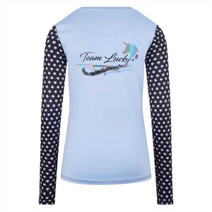 Rückseite des Imperial Riding Kinder Trainingsshirts in Hellblau mit dunkelblauen Ärmeln und Glitzerprint. Stylisches Reitshirt für Kinder.