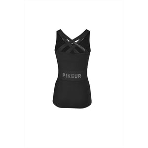 Rückseite des schwarzen Pikeur Tanktops mit großem PIKEUR-Schriftzug und Meshstreifen – perfekt für Reiterinnen im Sommer.