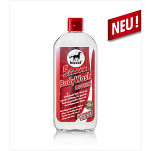 Leovet Pferdeshampoo Biotin Body Wash in transparenter Flasche mit rotem Etikett. Hautpflege für Pferde mit Biotin, silikonfrei und pflegend.
