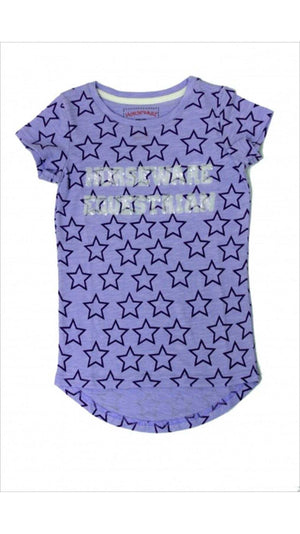 Lila Horseware Kinder T-Shirt mit Sternenmuster und glänzendem Schriftzug. Hochwertige Baumwolle, perfekt für aktive Kinder im Sommer.
