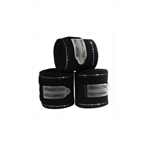 Schwarze EQuest Fleecebandagen mit Kristallband und Klettverschluss. Perfekter Beinschutz für Pferde bei Stallarbeit und Transport.