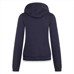 Rückansicht des Imperial Riding Hoodie Glitzer Kinder in Dunkelblau mit Kapuze und Sternen auf den Ärmeln, perfekt für Reitsport und Freizeit.