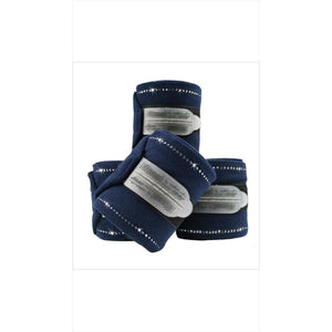 EQuest Fleecebandagen Kristall in Dunkelblau mit Strassverzierung oben und unten. Ideal für Training, Stall und Transport von Pferden.