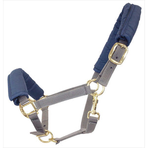 Equest Halfterpolster 2er-Set in Dunkelblau auf grauem Halfter montiert – abnehmbare Polster zum Schutz des Pferdekopfs vor Druckstellen.