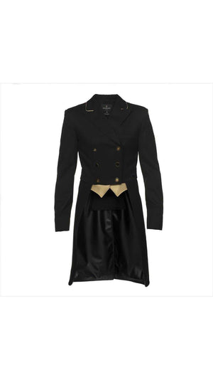 Kingsland Damen Turnierfrack KLDC-SJ-933 aus italienischer Wolle mit Stretch. Schwarz mit goldenen Akzenten, perfekt für Reitsport-Turniere.