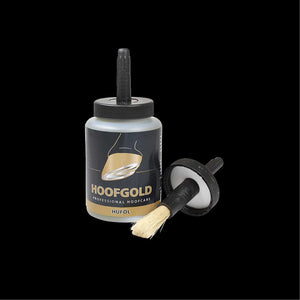 Hoofgold Huföl 500ml mit integriertem Pinsel, Premium Hufpflege mit Anti-Doping-Siegel für gesunde, glänzende Pferdehufe.