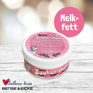 Bense & Eicke Zora Zaubermaul Melkfett für Pflege in rosa Dose mit Zebramotiv, ideal für empfindliche Haut und Stallapotheke bei Tieren.