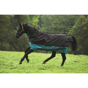 Horseware Mio Turnout Medium 200g - Wasserdicht, Atmungsaktiv. Schwarzes Pferd mit schwarz-türkiser Weidedecke galoppiert auf feuchter Weide.