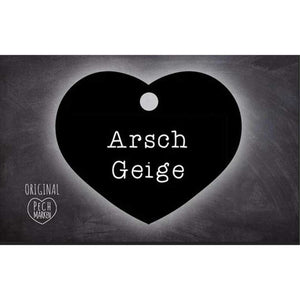 Pechmarke Arschgeige - Schlüsselring enthalten, schwarze Herzform mit weißer Schrift. Originelles Geschenk aus der Standardkollektion für Teens.