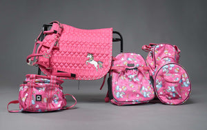 Putztasche für Kinder - Equipage Jupiter in Pink mit Einhorn-Print, aus Nylon mit Tragegriffen und Außentaschen, ideal für Stall & Pflege.