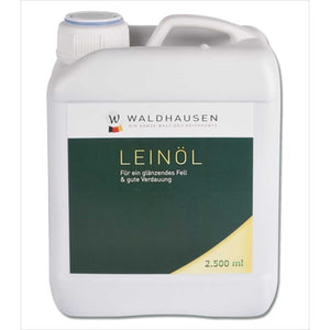 Waldhausen Lein-Öl 2,5 l Zusatzfutter für Pferde in weißem Kanister mit grün-gelbem Etikett. Reich an Vitaminen für glänzendes Fell und Verdauung.