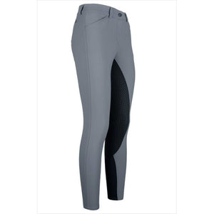 Seitliche Ansicht der euro-star Reithose Arista Fullgrip in Grau, elastisches Nylonmaterial mit niedrigem Bund für optimalen Reitkomfort.