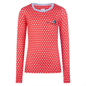 Rotes Imperial Riding Kinder Trainingsshirt mit weißen Sternen, langärmelig und aus Stretchmaterial. Ideal für sportliche Aktivitäten im Reitstall.