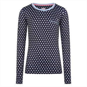 Dunkelblaues Imperial Riding Langarmshirt für Kinder mit Sternenmuster, elastisches Material für optimalen Tragekomfort beim Reiten.