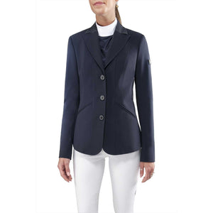 Equiline Turniersakko Grace in Dunkelblau für Damen mit Kontrastpaspeln und tailliertem Schnitt, ideal für stilvolle Turnierauftritte.