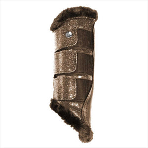Equest Soft Gamaschen Premium in Braun mit Glitzer und weichem Kunstfellrand. Hochwertiger Beinschutz für Pferde mit stabilen Klettverschlüssen.