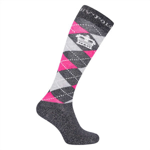 Argyle Reitsocken - HV Polo Kniestrümpfe in Grau, Pink und Weiß mit Logo-Krone. Ideal für sportliche Damenoutfits und Reitbekleidung.