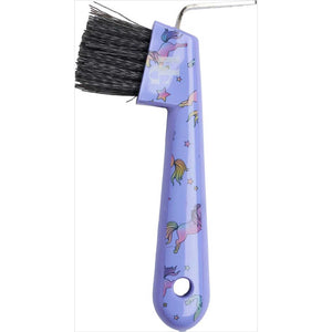 HorseGuard Hufkratzer Jacaranda in Lila mit Einhorn-Muster, Hartplastikgriff und schwarzer Bürste, ideal für die Pferdepflege im Sommer 2024.