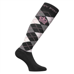 Schwarze HV Polo Kniestrümpfe mit rosa Rautenmuster und Krone. Argyle Reitsocken aus Baumwolle, Polyamid und Elastan.
