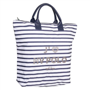 HV Polo Faltbare Tasche mit Foliendruck Jadore in navy-weißem Streifendesign, verziert mit Strasssteinen, 100% Polyester, 420 gsm.