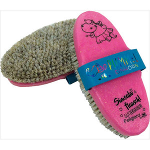 HAAS Kardätsche Pummelfee Fellglanzbürste für Pferde mit weichem Rosshaar und pinkem Glitzerdesign. Ideal für Glanz und Staubentfernung im Pferdeputzzeug.