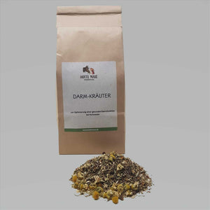 Hotte Maxe Darmkräuter gegen Kotwasser in 500g Papiertüte, Zusatzfutter mit Kamille, Pfefferminze und Fenchel für gesunde Darmfunktion bei Pferden.