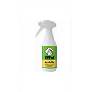 Effol Anti Fly 500ml Fliegenspray mit grün-gelbem Etikett und Sprühkopf. Insektenschutz für Tiere, hautverträglich und ideal für den Stall.