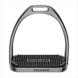 Sprenger Steigbügel Fillis Anthrazit aus Edelstahl mit schwarzer Trittfläche, Trittweite 120mm. Robustes Sattelzubehör für Reiter.
