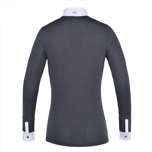 Rückansicht des Kingsland Turniershirts Dominique mit weißem Kragen und Manschetten. Ideal für Damen im Reitsport, schnelltrocknend und funktional.