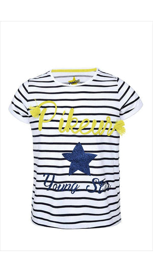 Pikeur Mädchen T-Shirt Lisett mit weißen und blauen Streifen, gelbem PIKEUR-Schriftzug und Glitzerstern. Ideal für Kinder im Sommer.