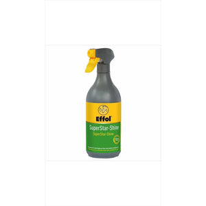 Effol Super Star-Shine 750ml Glanzspray für Pferde zur Pflege von Mähne, Schweif und Fell in grauer Sprühflasche mit gelbem Etikett.