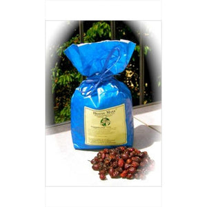 HotteMaxe Hagebutte 1kg – natürliche Pferdeleckerlies in blauer Verpackung mit getrockneten Hagebutten, ideal als gesunde Belohnung im Stall.