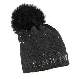 Equiline Wollmütze Glueg - Damenmütze mit Strassdetails, weichem Micropile-Futter und schwarzem Öko-Pelz Pon Pon für stilvolle Wintermode.