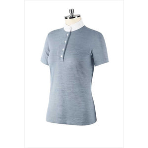 Turniershirt Basilea Melange kaufen – Kurzarmshirt in Hellblau mit weißem Stehkragen und Glitzer-Logo, atmungsaktiv und schnelltrocknend.