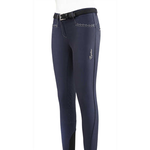 Kinderreithose Equiline Emma mit Vollbesatz und Zierdetails an den Taschen. Ideal für junge Reiter, elastisch und robust für den Reitsport.