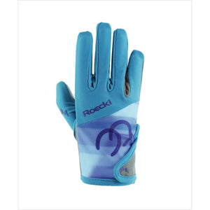 Roeckl Kinderreithandschuhe Sommer in Türkis mit violettem Logo, elastisch und atmungsaktiv für komfortables Reiten bei warmem Wetter.
