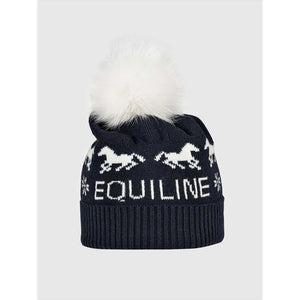 Equiline Wollmütze Weihnachten - Bequem und kuschelig mit weißen Pferde-Motiven, Schneeflocken und flauschigem Öko-Pelz-Pon-Pon. Perfekt für Reiterinnen im Winter.