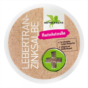 Bense & Eicke Lebertran Zinksalbe Hautschutzsalbe in runder Dose mit grünem Kreuzsymbol. Ideal für Stallapotheke und Hautpflege bei Wunden.