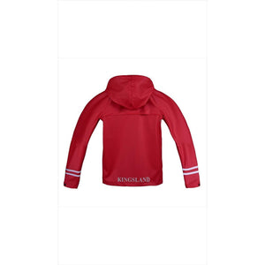 Rückansicht der Kingsland Kinderjacke Claxton in Rot mit reflektierenden Streifen und Kingsland-Logo. Wasserdichte Regenjacke für Kinder im SALE.