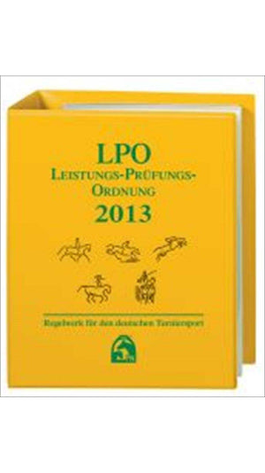 LPO Nummer 1529 kaufen - Schnell & sicher bestellen: Gelbes Buchcover der Leistungs-Prüfungs-Ordnung 2013 mit Reitsport-Illustrationen, erhältlich bei Hippobook.
