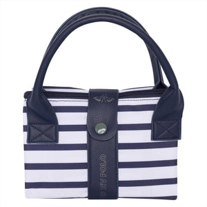 Zusammengefaltete HV Polo Tasche mit Foliendruck, kompaktes Format mit Tragegriffen, ideal für stilvolle Funktionalität unterwegs.
