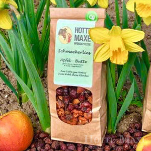 Schmeckerlies Apfel-Butte von Hotte Maxe, 200g Bio-Pferdefutter mit Apfel und Hagebutte, nachhaltig verpackt, ideal als gesunde Pferdebelohnung.