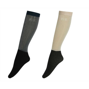 Kingsland Nylon-Reitsocken 2er-Pack in Beige und Navy mit Glitzereffekt. Hochwertige Kniestrümpfe mit Baumwollfuß für Damen.