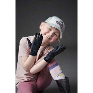 Maude Kinder Reithandschuhe - Sommer - Navy mit Sternchenmuster und Grip. Perfekte Passform für junge Reiterinnen, ideal für Frühjahr/Sommer.