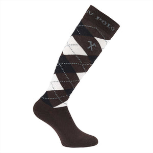 Braune HV Polo Argyle Reitsocken mit weißen und blauen Rauten. Klassische Kniestrümpfe für Damen aus der Standardkollektion.